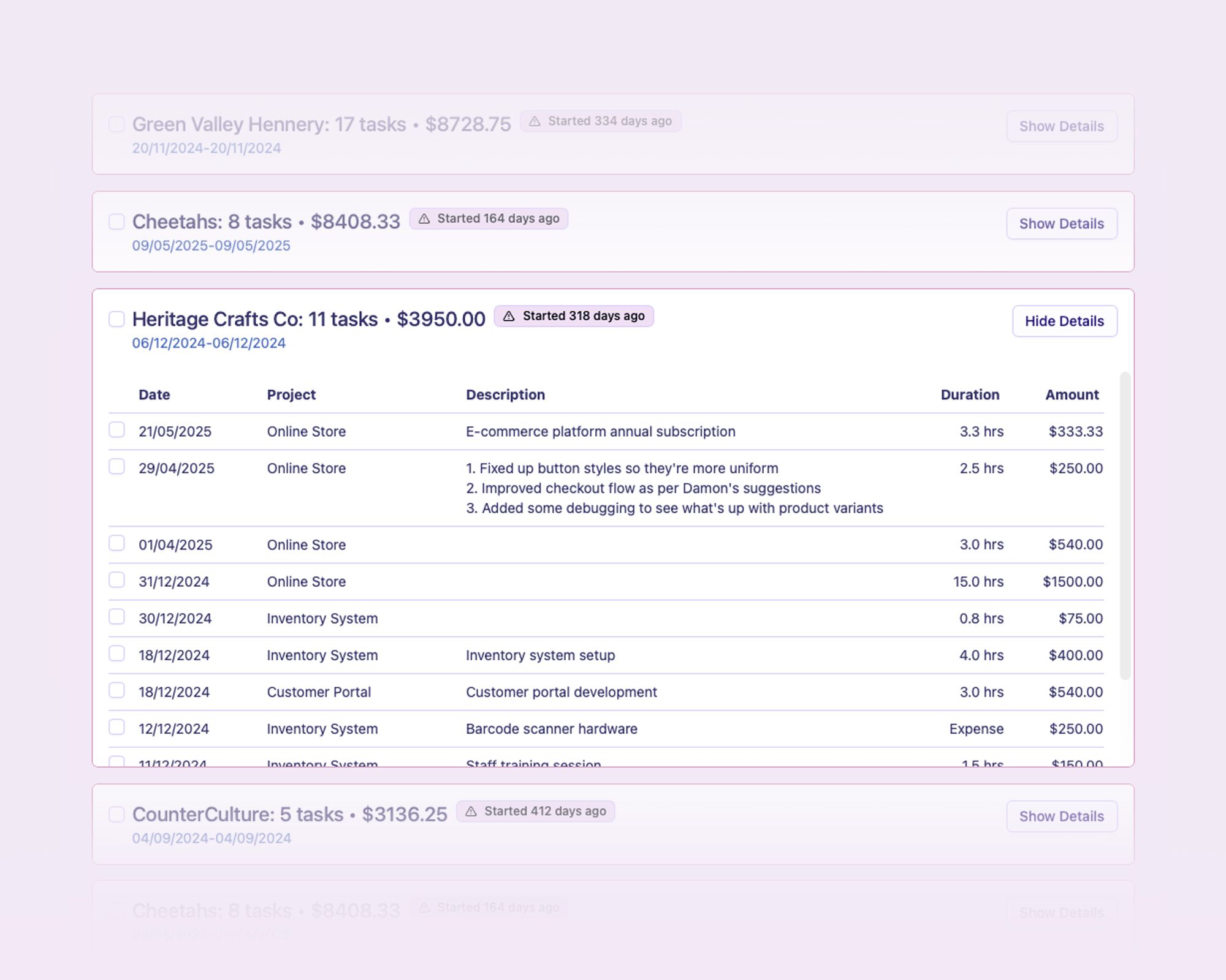 TallyHo timesheet generation showing Detailed, Minimal, and Default layout options
