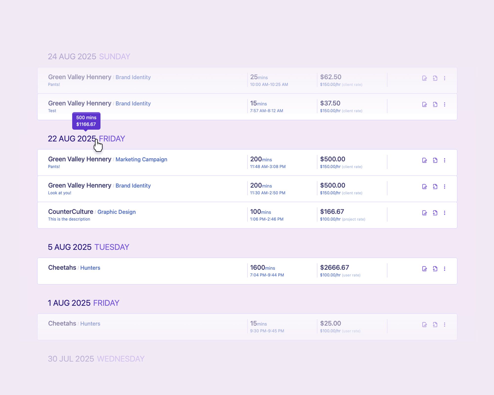 TallyHo logged tasks interface showing a clean list view of tracked time entries