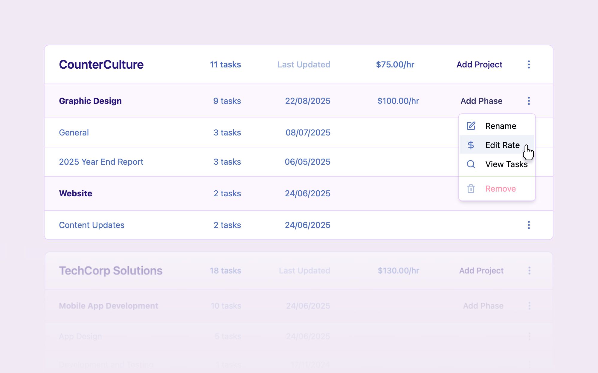 TallyHo project management view with rate settings