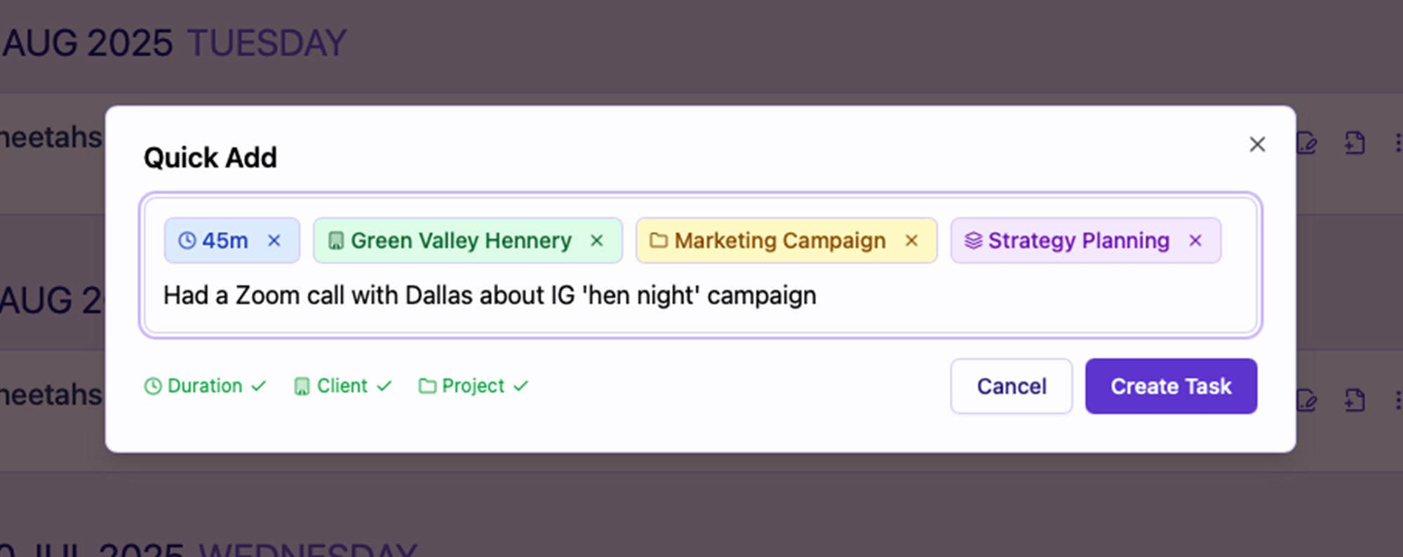 TallyHo quick add interface for fast time tracking