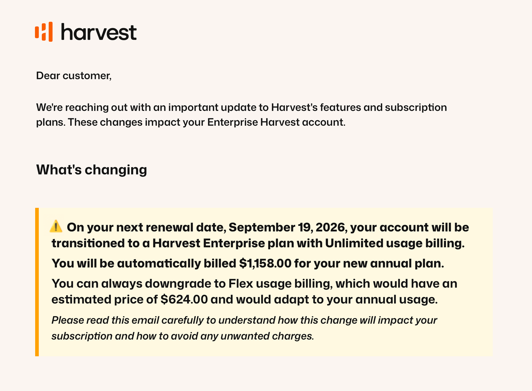 A Harvest pricing email showing an account being automatically transitioned to an Enterprise plan with unlimited usage billing, renewing at $1,158/year