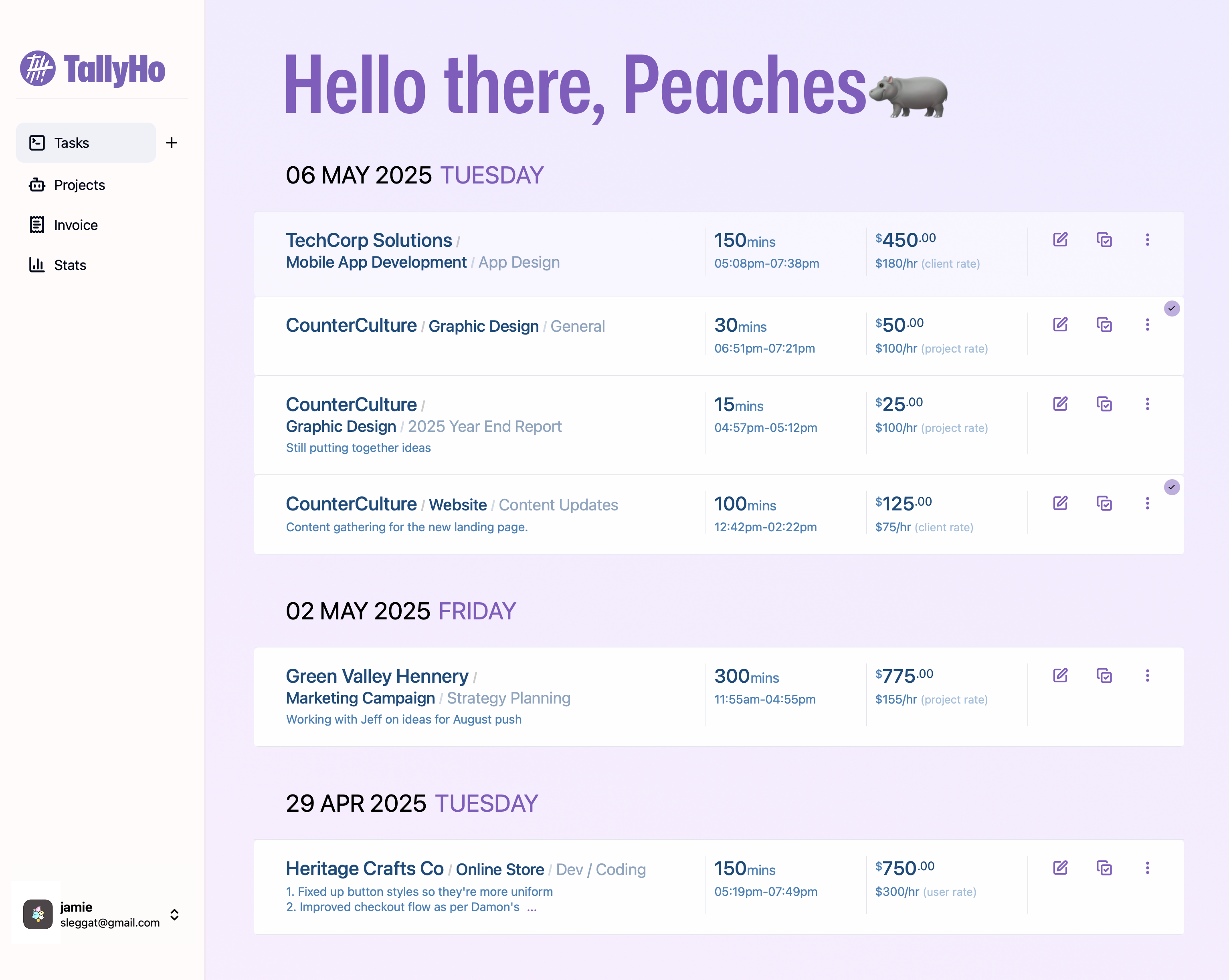 TallyHo App Screenshot showing time tracking interface for freelancers