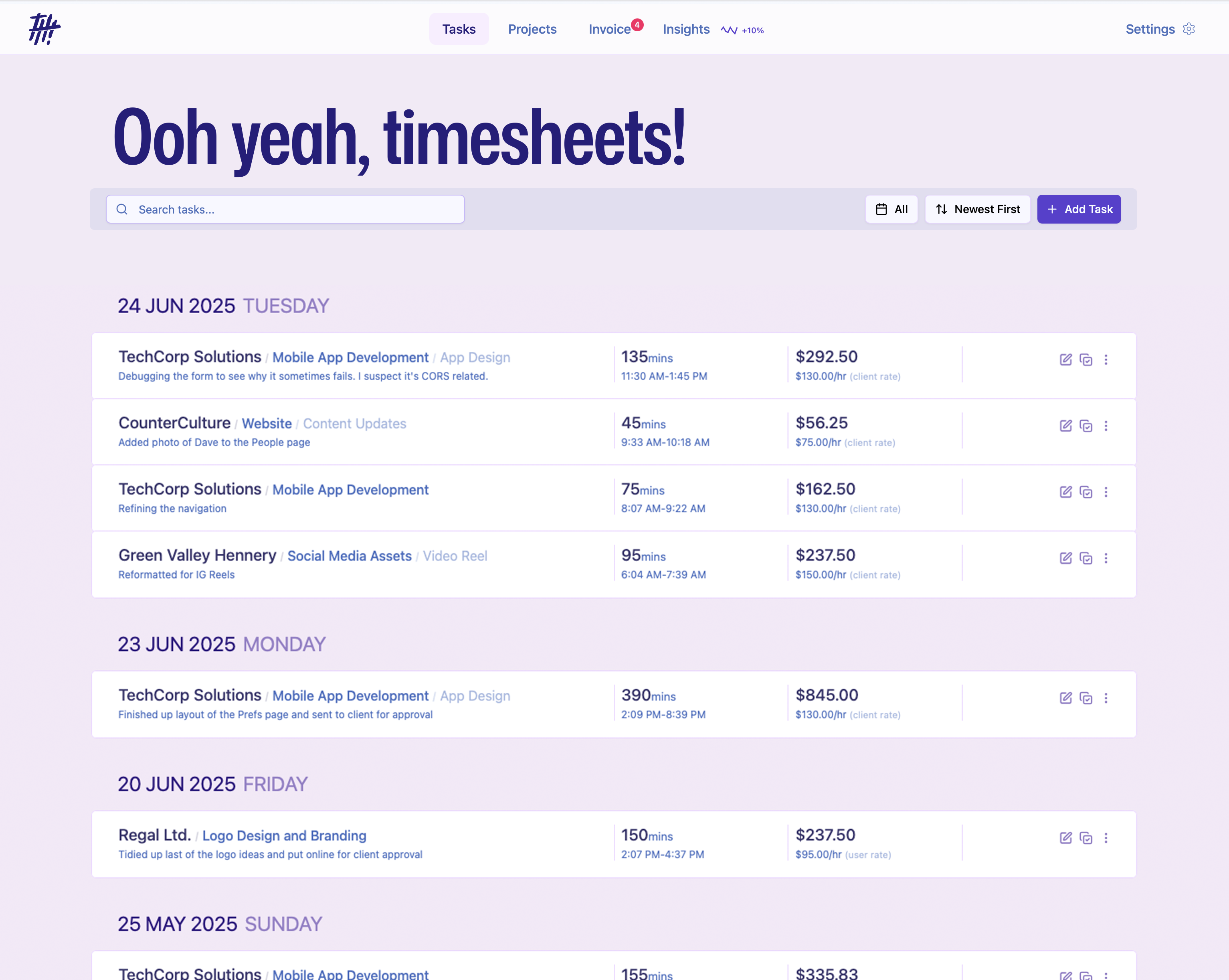 TallyHo App Screenshot showing time tracking interface for freelancers