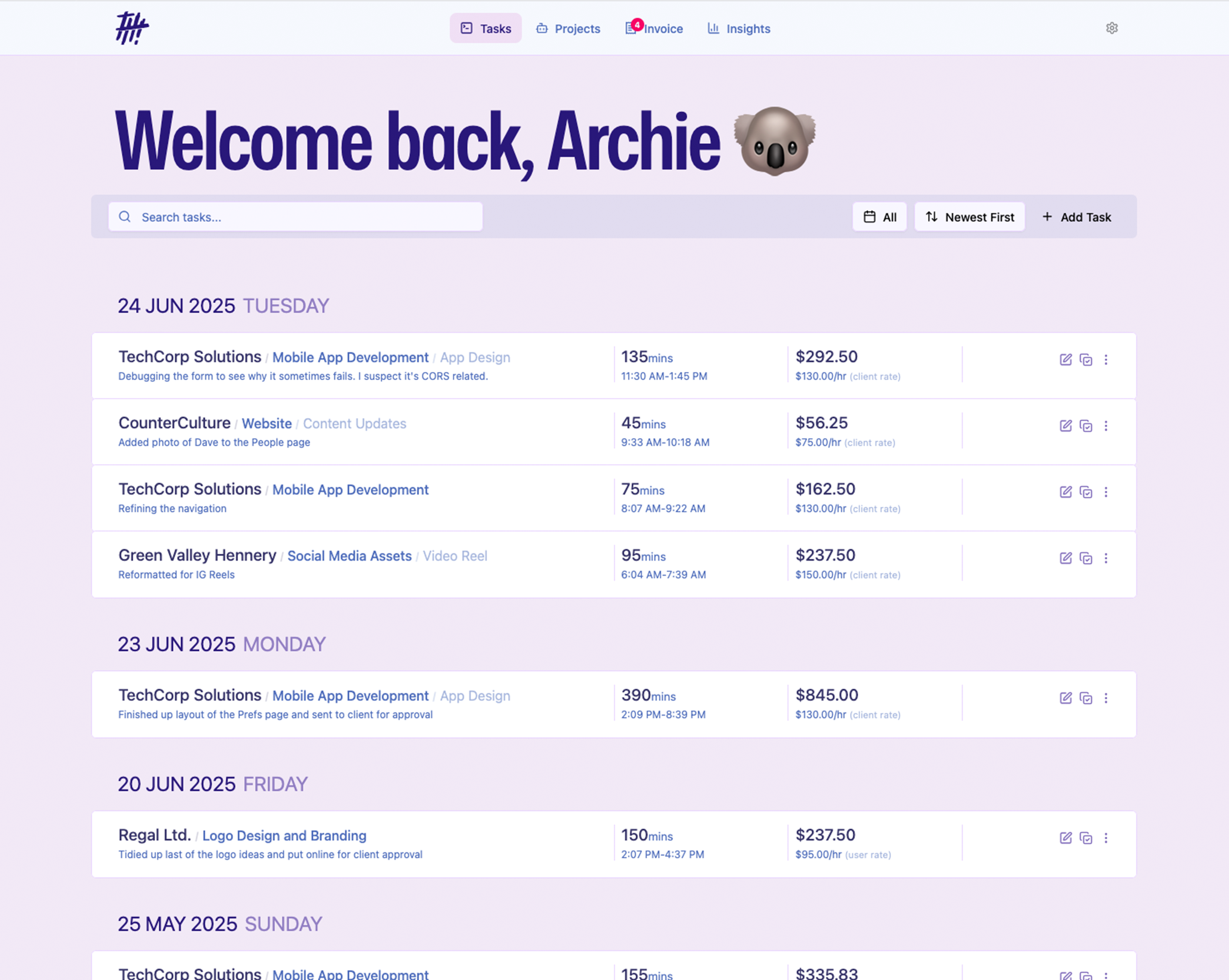 TallyHo App Screenshot showing time tracking interface for freelancers