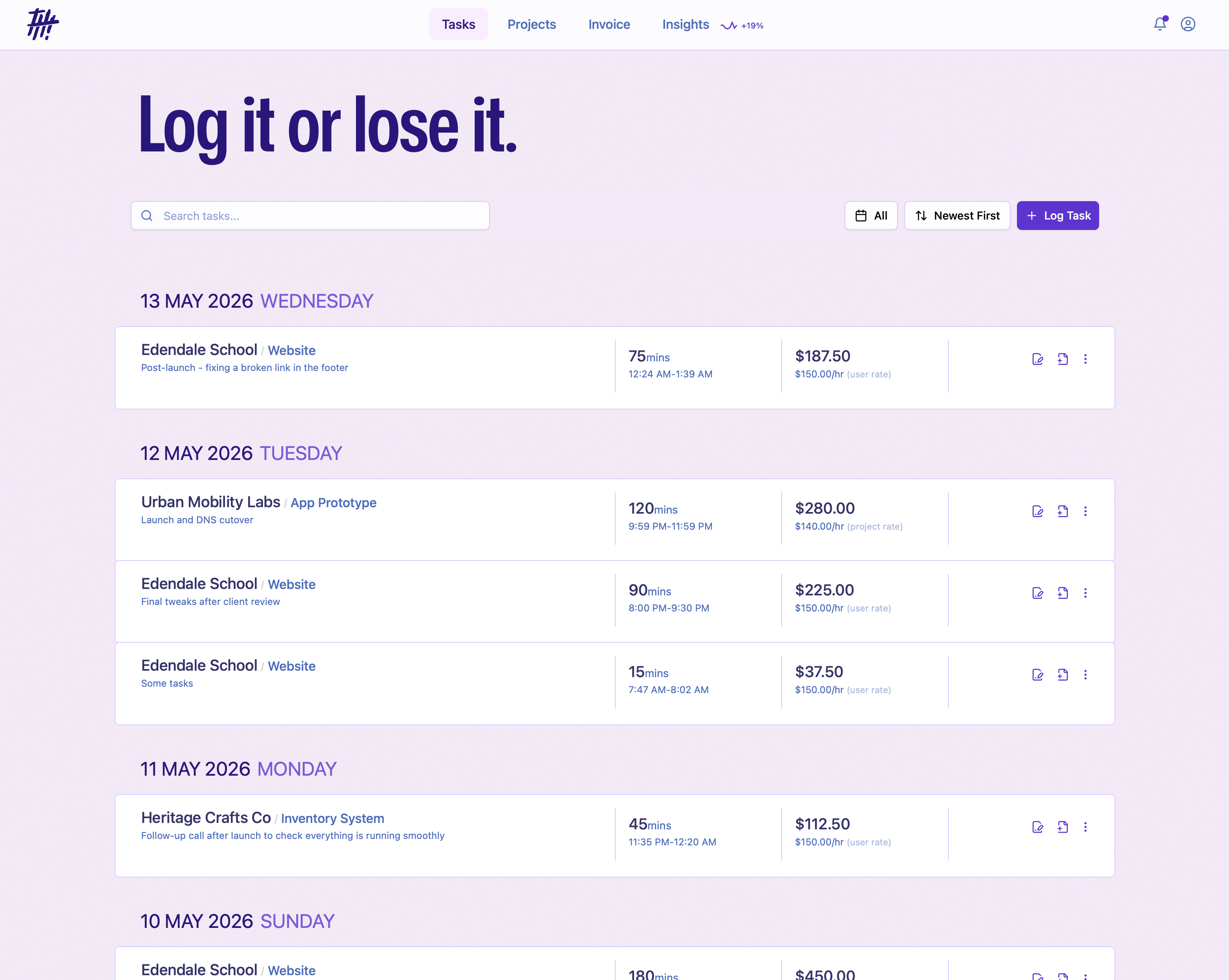 TallyHo App Screenshot showing time tracking interface for freelancers