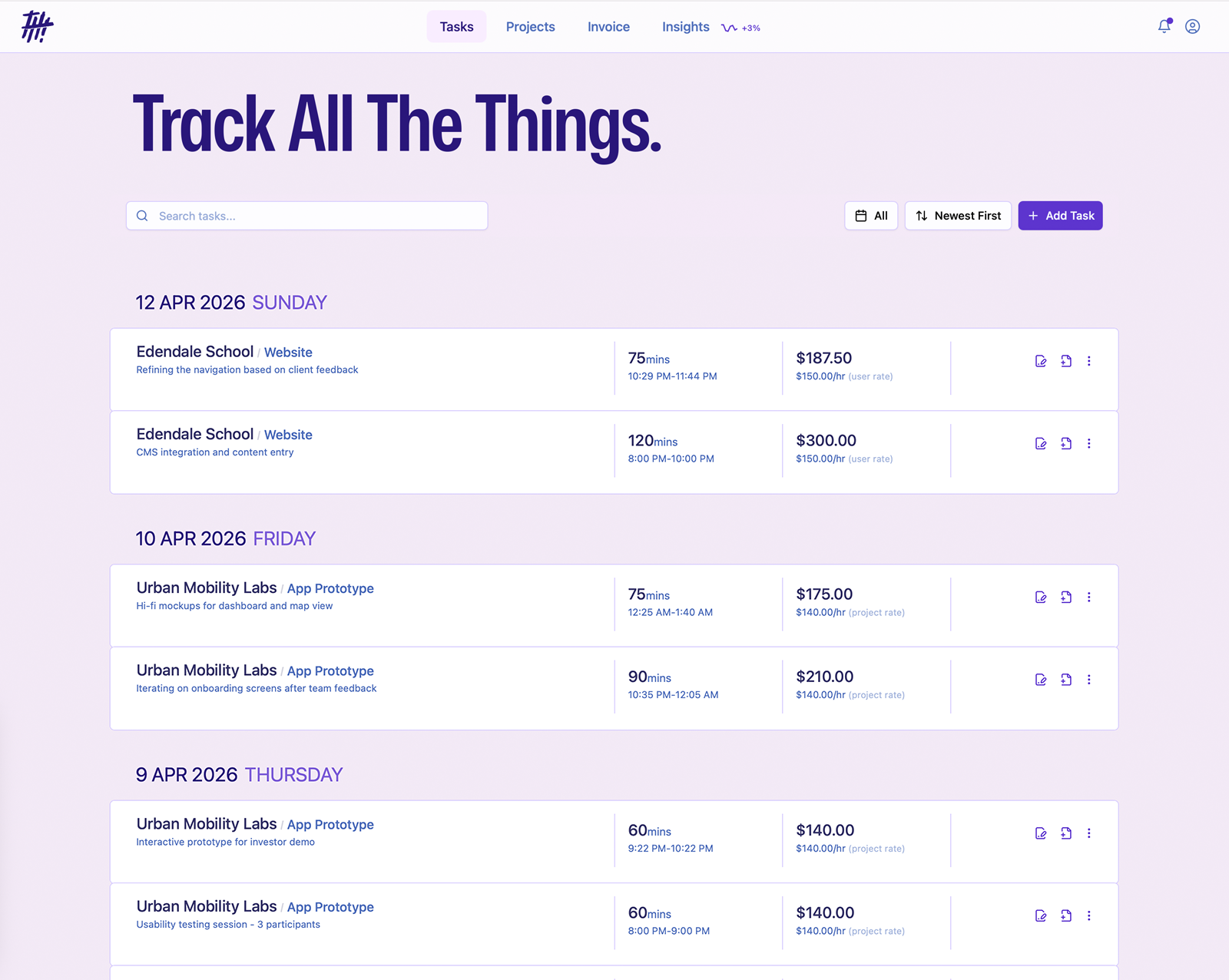 TallyHo App Screenshot showing time tracking interface for freelancers