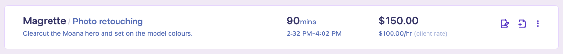 Screenshot of a typical logged task in TallyHo showing client, project, duration, end time, and description